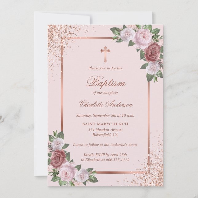 Elegant Rose Gold Pink Floral Girl Baptism Invitation (Front)