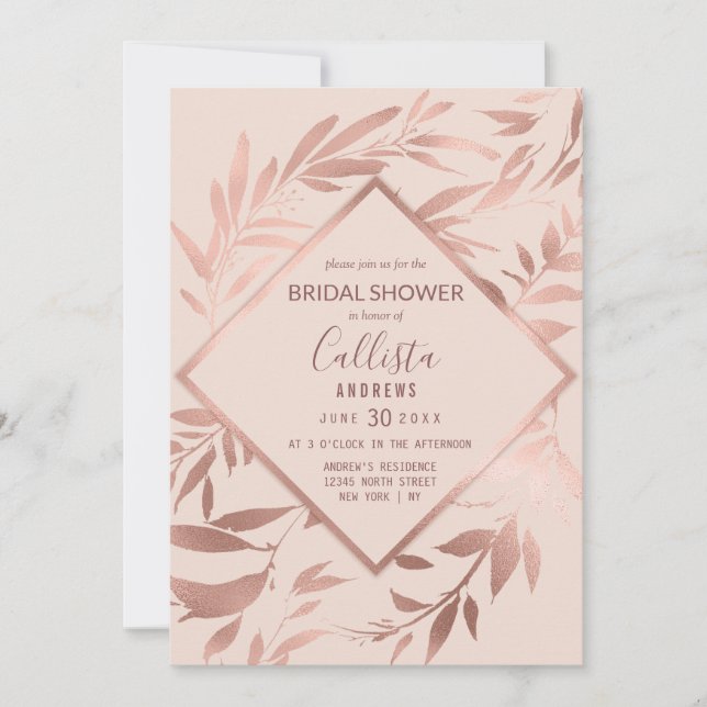 Elegant Rose Gold Pink Floral Leaves Bridal Shower Invitation (Front)