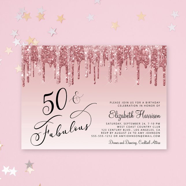 Elegant Rose Gold Pink Glitter 50th Birthday Party Invitation (Celebrate her 50 years of sparkle with an elegant pink glitter birthday party invitation  🎉 🎂 🥂)