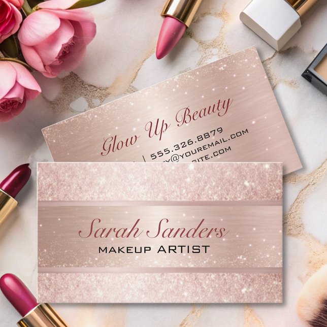 elegant Rose Gold pink glitter girly makeup artist Business Card (Creator Uploaded)