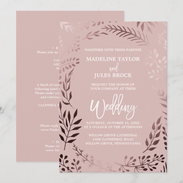 Elegant Rose Gold & Pink Leafy All In One Wedding Invitation (Front/Back)