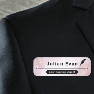 Elegant Rose Gold Pink Marble Quill Icon Notary  Name Tag