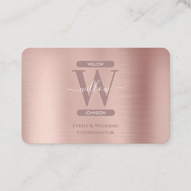 Elegant Rose Gold Pink Monogram Social Media Icons Business Card (Front)