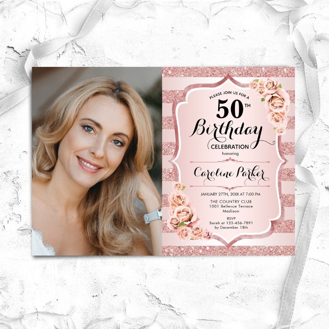 Elegant Rose Gold Pink Photo 50th Birthday Invitation (Creator Uploaded)