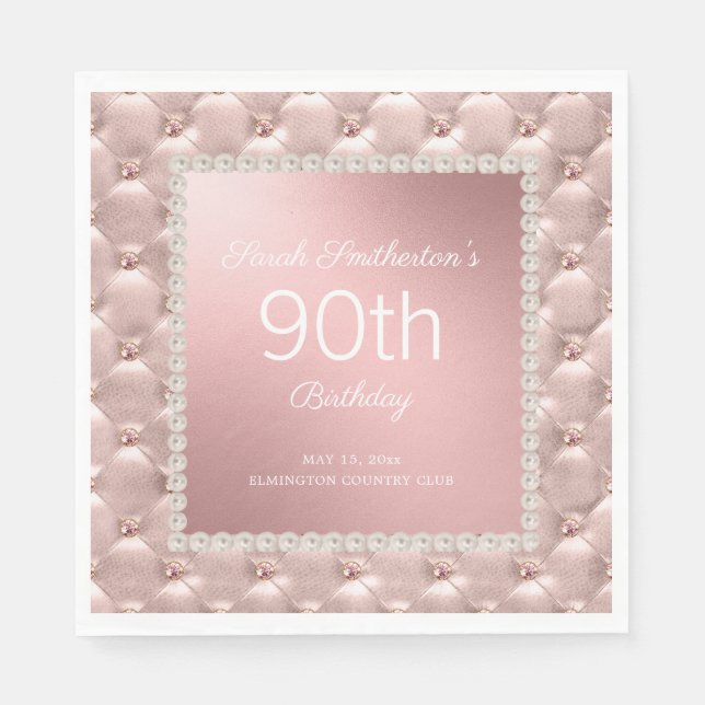 Elegant Rose Gold Pink Tufted Pearls 90th Birthday Napkin (Front)