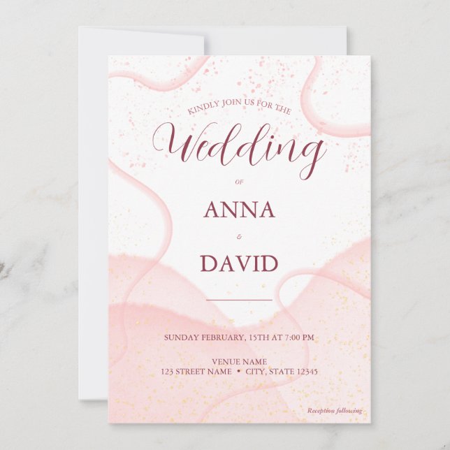 Elegant Rose Gold Pink Watercolor Glitter Wedding Invitation (Front)
