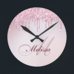 elegant rose gold purple glitter drip trendy round clock<br><div class="desc">An elegant mix of script with a personalised monogram on a faux rose gold purple girly glitter background.</div>