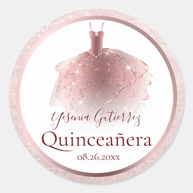 Elegant Rose Gold Quinceañera Dress Classic Round Sticker (Front)