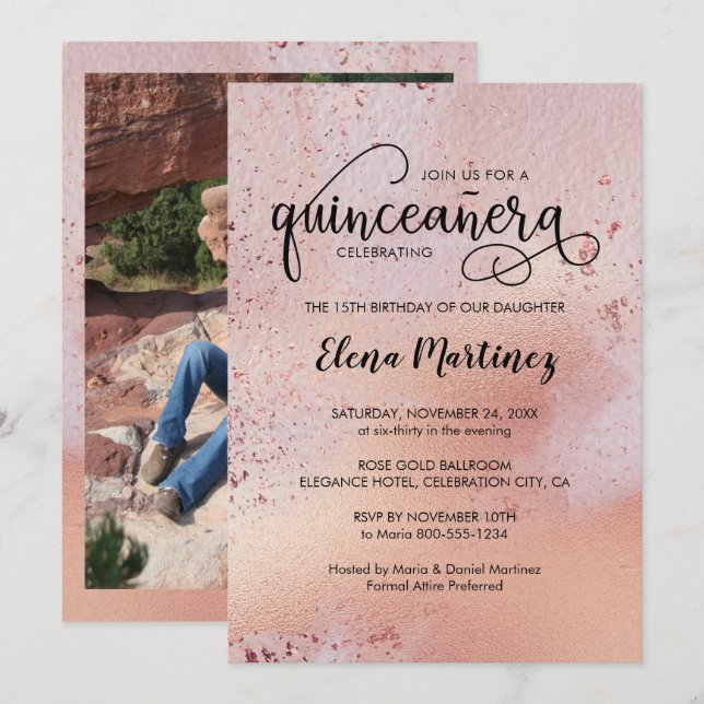 Elegant Rose Gold Quinceanera Photo Invitation (Front/Back)