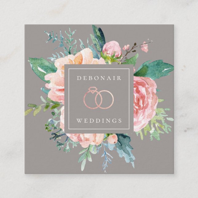 Elegant Rose Gold Rings Floral Square Business Card (Front)
