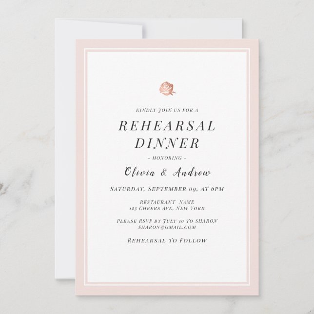 Elegant Rose gold rose minimalist Rehearsal Dinner Invitation (Front)
