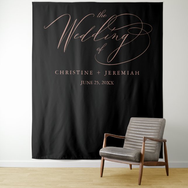 Elegant Rose Gold Script Calligraphy Black Wedding Tapestry (In Situ)