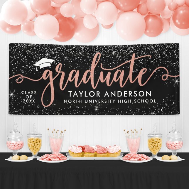 Elegant Rose Gold Script Graduate Black Banner (Creator Uploaded)