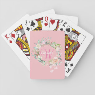 Elegant Rose Gold Script Monogram Floral Playing Cards