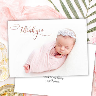 Elegant Rose Gold Script New Baby Photo Thank You