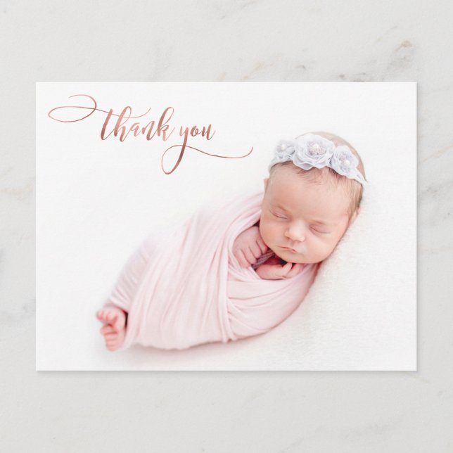 Elegant Rose Gold Script New Baby Photo Thank You Postcard (Front)