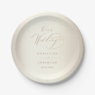 Elegant Rose Gold Script Shiny Champagne Wedding Paper Plate