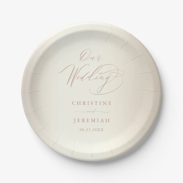 Elegant Rose Gold Script Shiny Champagne Wedding Paper Plate (Front)