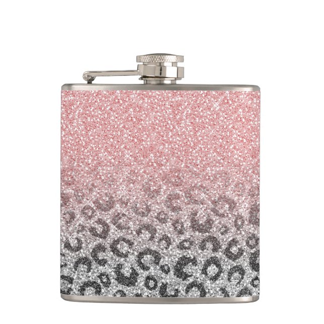  Elegant Rose Gold Silver Glitter Leopard Print Hip Flask (Front)