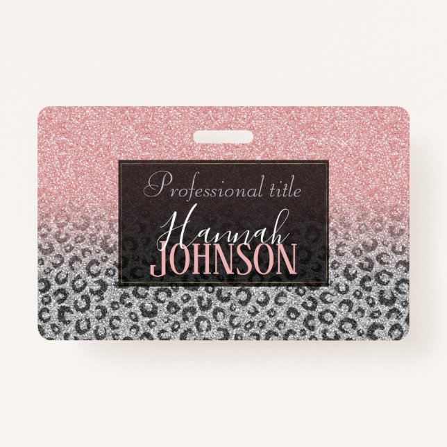  Elegant Rose Gold Silver Glitter Leopard Print ID Badge (Front)