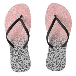 Elegant Rose Gold Silver Glitter Leopard Print Jandals