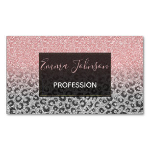 Elegant Rose Gold Silver Glitter Leopard Print Magnetic Business Card