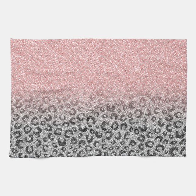  Elegant Rose Gold Silver Glitter Leopard Print Tea Towel (Horizontal)