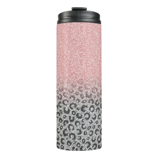  Elegant Rose Gold Silver Glitter Leopard Print Thermal Tumbler (Front)