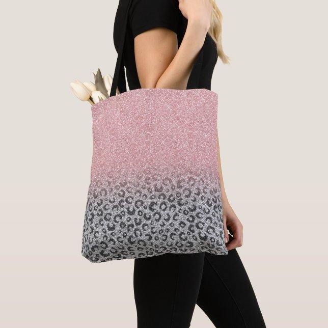  Elegant Rose Gold Silver Glitter Leopard Print Tote Bag (Close Up)