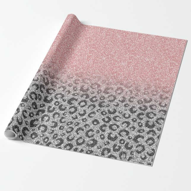  Elegant Rose Gold Silver Glitter Leopard Print Wrapping Paper (Unrolled)