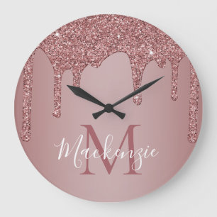 Elegant Rose Gold Sparkle Glitter Drips Monogram Large Clock