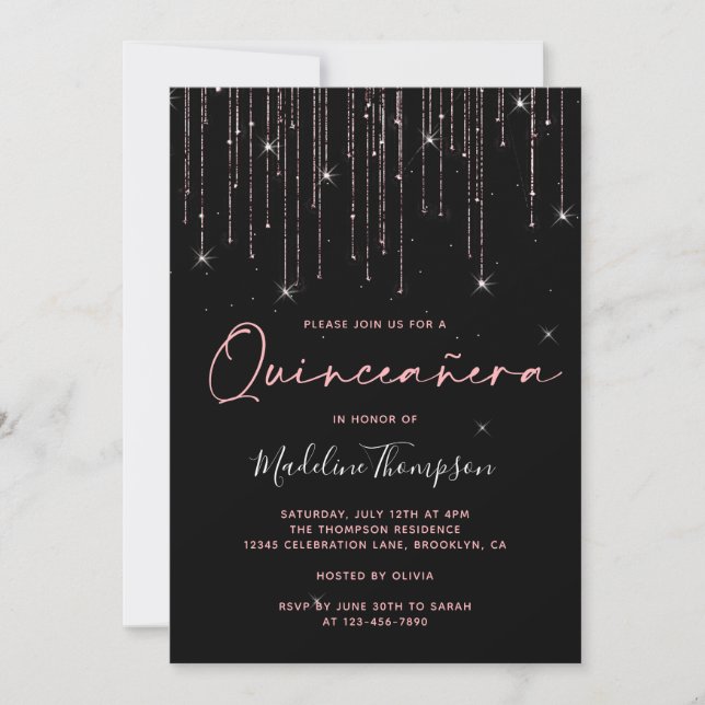 Elegant Rose Gold Sparkling Quinceanera Invitation (Front)