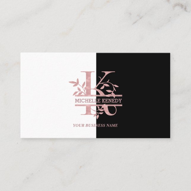 Elegant Rose Gold Split Custom Monogram Letter K Business Card (Front)