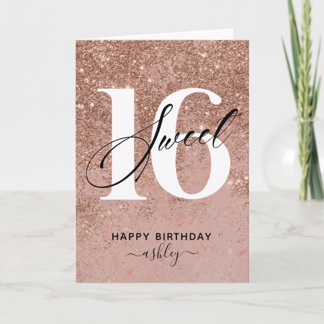 Elegant Rose Gold Sweet 16 Birthday Card (Front)