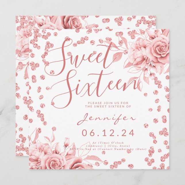 Elegant Rose Gold Sweet 16 Glitter Confetti Floral Invitation (Front/Back)