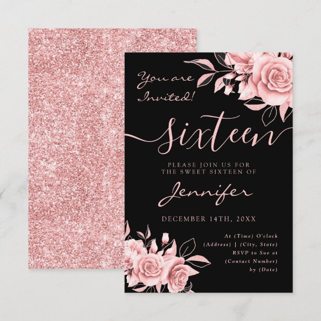 Elegant Rose Gold Sweet 16 Glitter Floral Black RSVP Card (Front/Back)