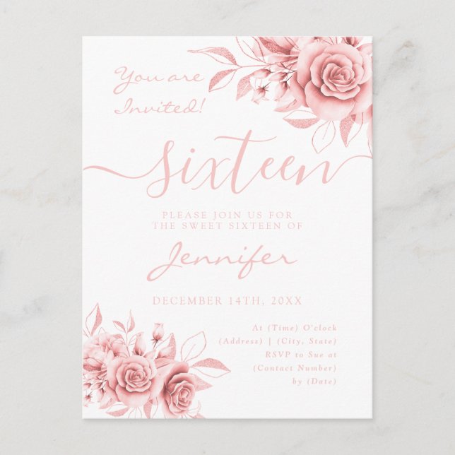 Elegant Rose Gold Sweet 16 Glitter Floral Invitati Announcement Postcard (Front)