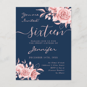 Elegant Rose Gold Sweet 16 Glitter Floral Navy  Announcement Postcard