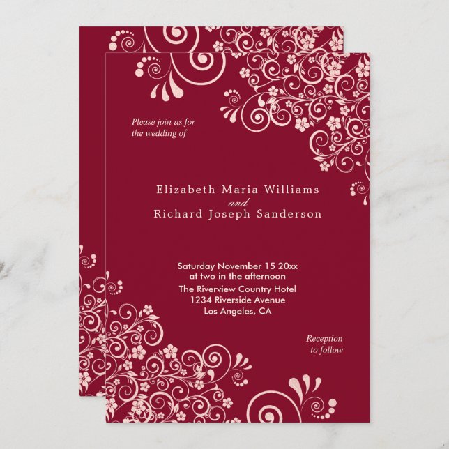 Elegant Rose Gold Swirls  Burgundy Wedding Invitation (Front/Back)