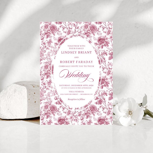 Elegant Rose Gold Toile Rose Pattern Wedding Boho Invitation (Elegant Rose Gold Toile Rose Pattern Wedding Invitation)