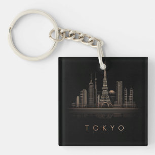 Elegant Rose Gold Tokyo City Skyline Illustration Key Ring