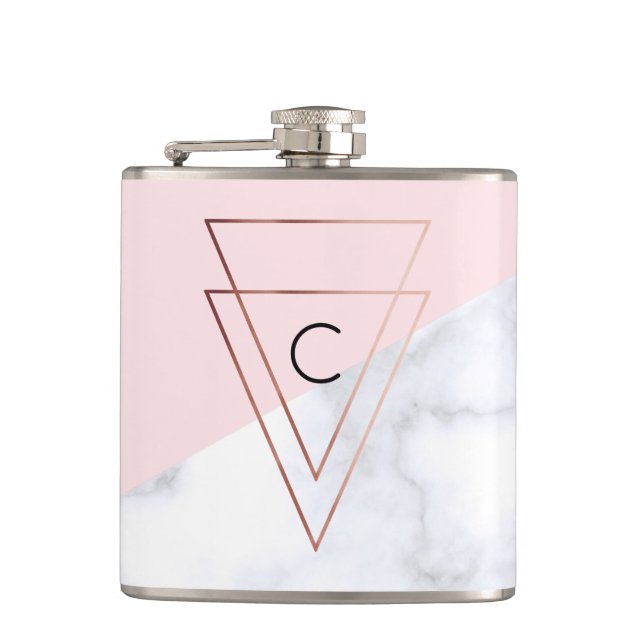 elegant rose gold triangles white marble pink hip flask (Front)