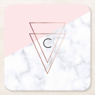 elegant rose gold triangles white marble pink square paper coaster