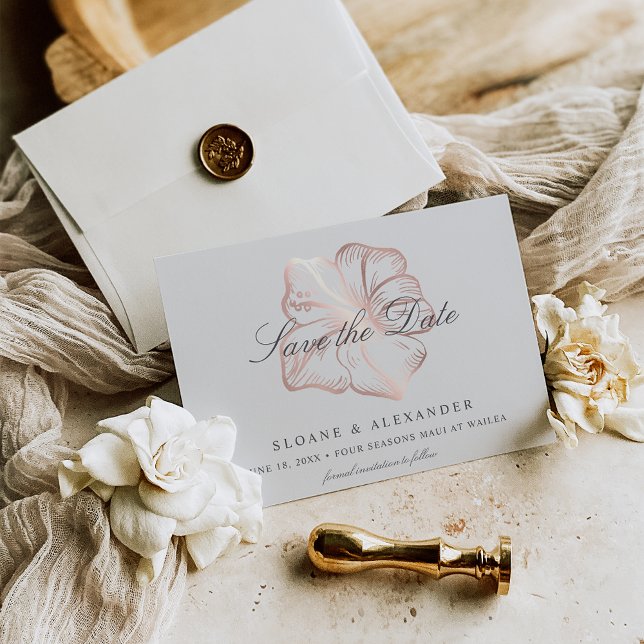 Elegant Rose Gold Tropical Hibiscus Flower Wedding Save The Date (Creator Uploaded)