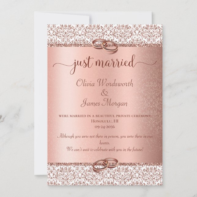 Elegant Rose Gold Typography Wedding Elopement Announcement (Front)