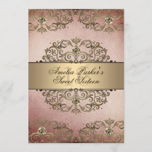 Elegant Rose Gold Vintage Damask Sweet Sixteen Invitation