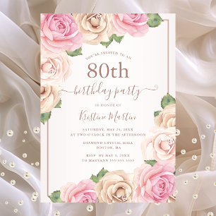 Elegant Rose Gold Watercolor Floral 80th Birthday Invitation