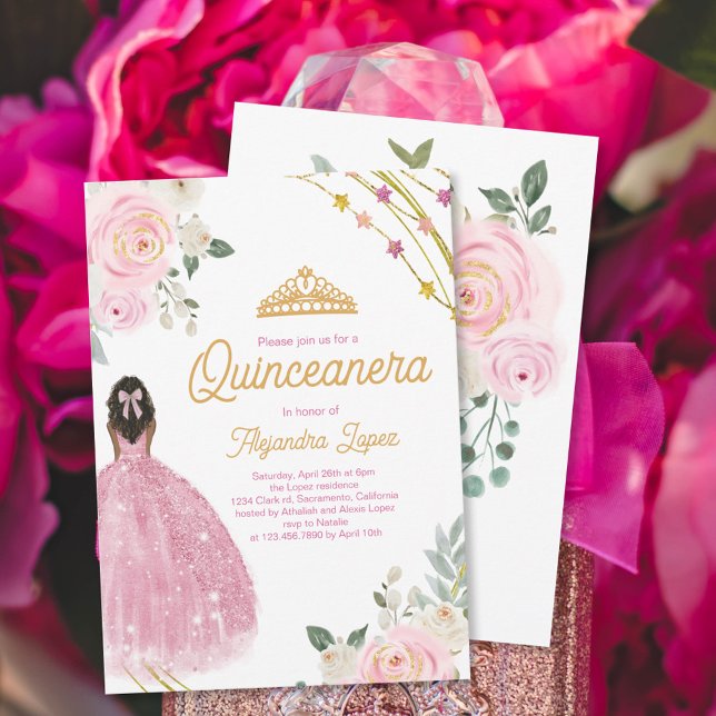 Elegant Rose Gold Watercolor Floral Quinceanera Invitation (Creator Uploaded)