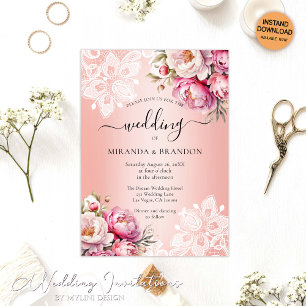 Elegant Rose Gold Watercolor Floral Wedding Invitation