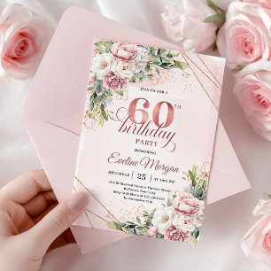 Elegant Rose Gold Watercolor Flowers 60th Birthday Invitation